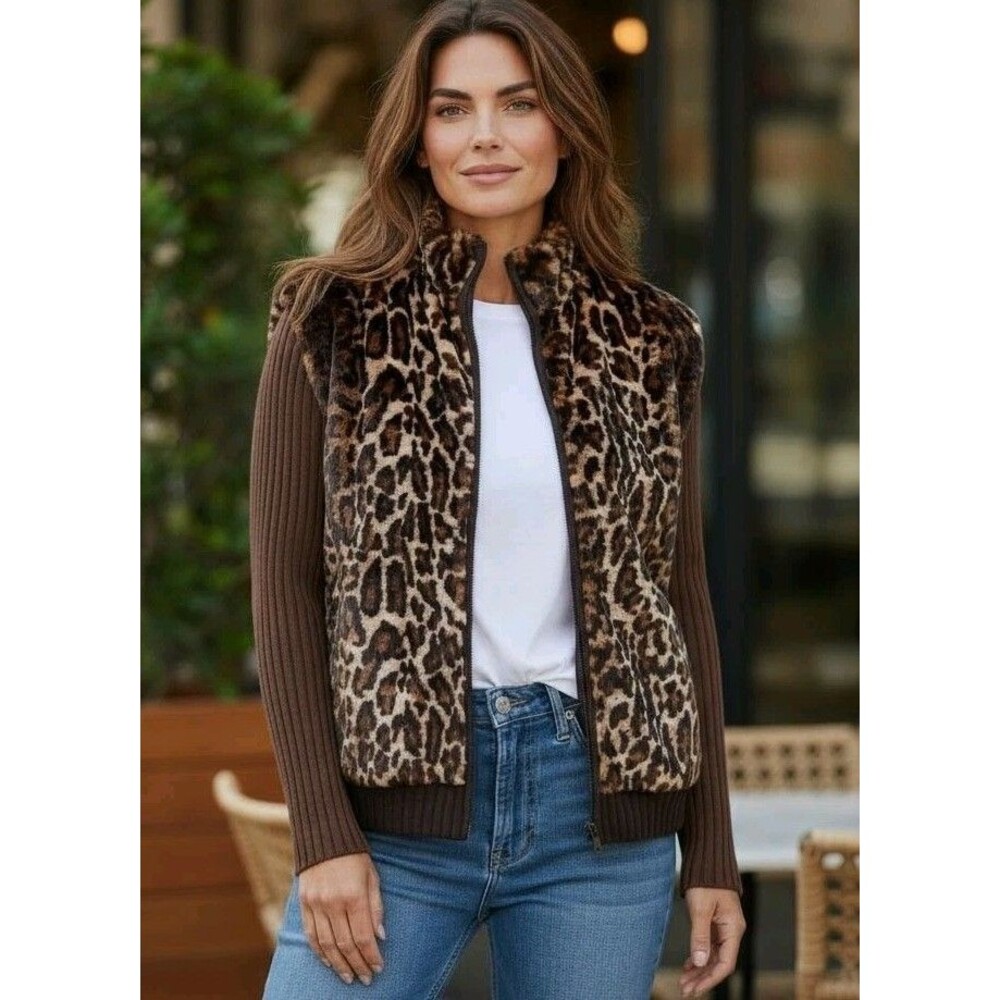 Silhouette Leopard Print Faux Fur Knit Full Zip Up Jacket Women’s Size 3XL